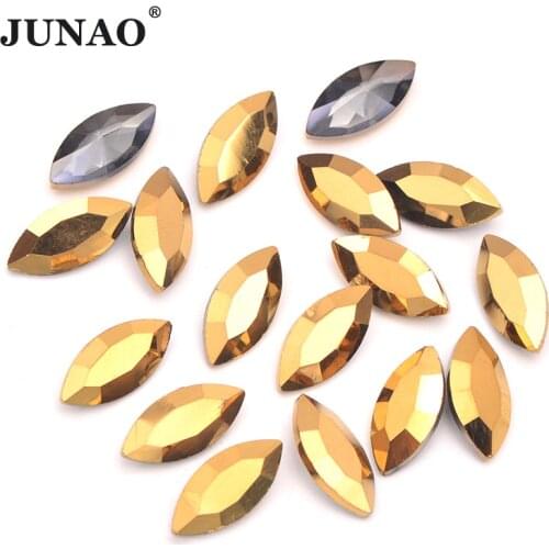 JUNAO 7x15mm Golden Horse Eye Crystals Pointback Glass Rhinestone Non Hotfix Glue On Gold Strass Stones for Jewelry Making