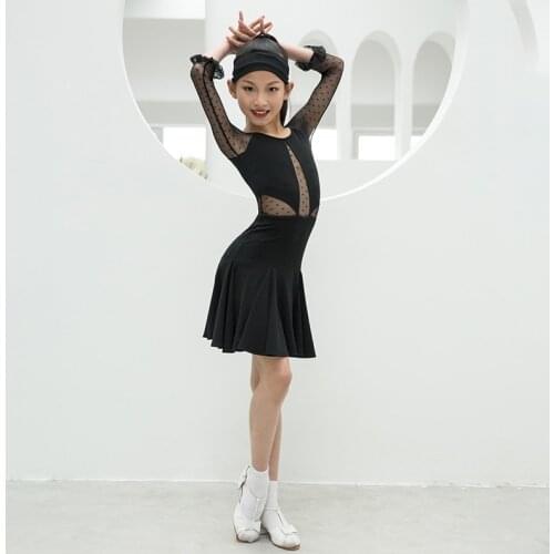 New Girls Latin Dance Clothes Lace Long Sleeve White/Black Latin Practice Clothing Kids Ballroom Competition Stage Dress DWY5369