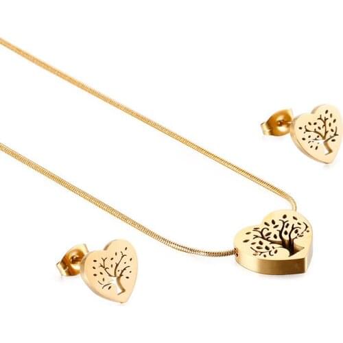 Heart shaped tree of life pendant necklace earrings set Dubai gold color jewelry sets African bridal wedding gifts for women