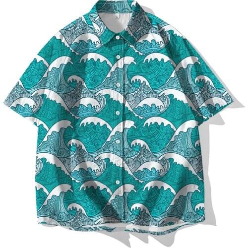 Summer New Mens Hawaiian Shirt Japanese Street Urban Style Waves Printed Short Sleeve Button Up Shirts for Men Plus Size S-4XL