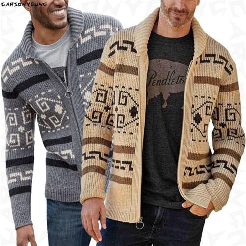 Mens Fashion Jacquard Knitwear Zipper Sweaters Autumn Casual Loose Lapel Cardigan Sweatercoat Men Oversize Hipster Streetwear