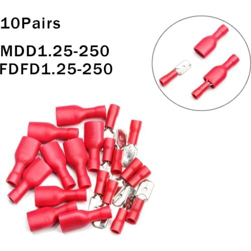 10Pairs Red FDFD1.25-250+MDD1.25-250 Terminals Female&Male Spade Insulated Wire Electrical Crimp Connectors Set