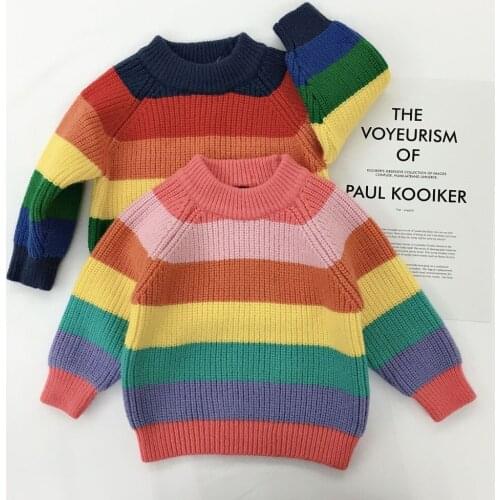 New 2021 Winter Childrens Sweater Rainbow Striped Girls and Boys Kint Sweaters Autumn Baby Warm Wool Tops for Kids Clothes