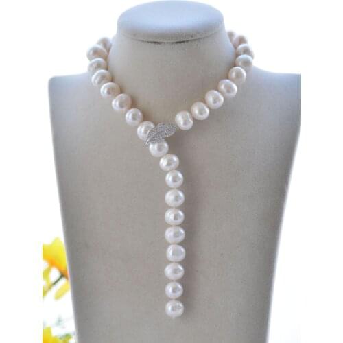 P7532 17" 15mm Round White Freshwater Pearl Necklace CZ Leaf Choker Women jewelry