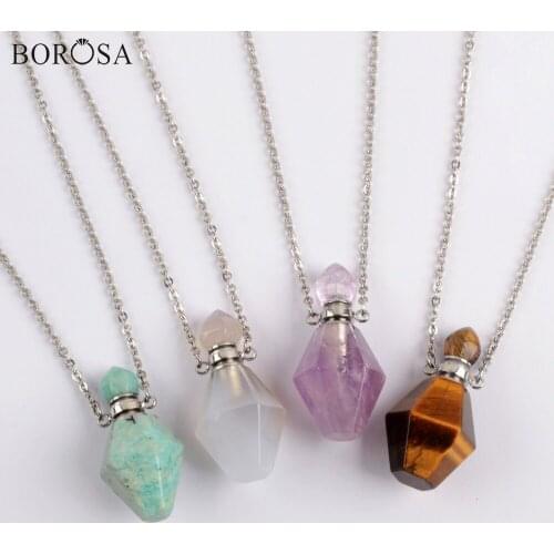 Silver Plated Faceted Stone Perfume Bottle Necklace Natural Amazonite Amethysts Essential Oil Diffuser Pendant Necklace WX1610