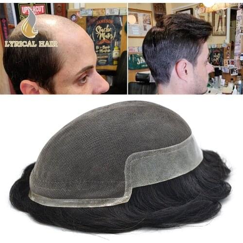 French Lace Front Mens Toupee Bleached Knots Natural Hand Made Hairpiece Transparent Poly Skin Pu Mens Hair Replacement Systems