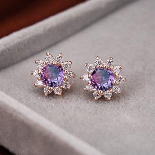 Creative Sun Flower Stud Earrings For Women Vintage Fashion Rose Gold Rainbow Fire Stone Earrings Female Multicolor Jewelry Gift