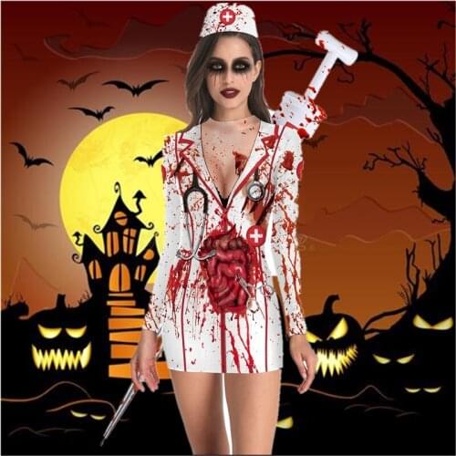 Helloween Scary Costume Skeleton Bodysuit Dress for Adult Horror Long Sleeve Carnival Party Sexy Performance Bloody Jumpsuit
