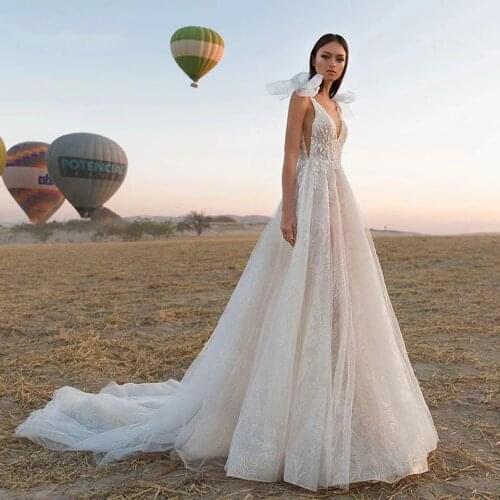 Romantic Beaded Tulle A-Line Wedding Dress Fashion Beaded Backless Bridal Gown New Princess Vestido De Novia Floor Length Gowns