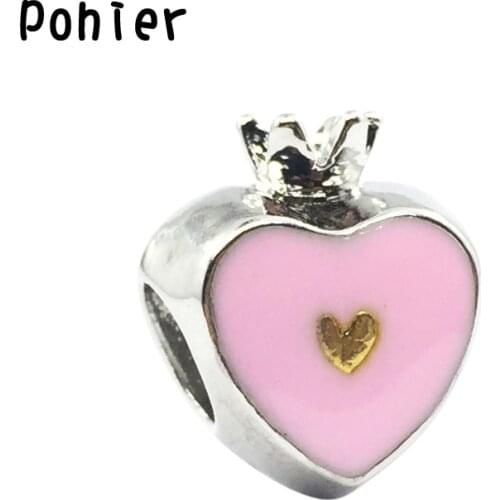 Heat With Crown ,Pink Enamel Charm European Beads Fit Charms Bracelets&Bangles Necklace DIY Fashion Jewelry