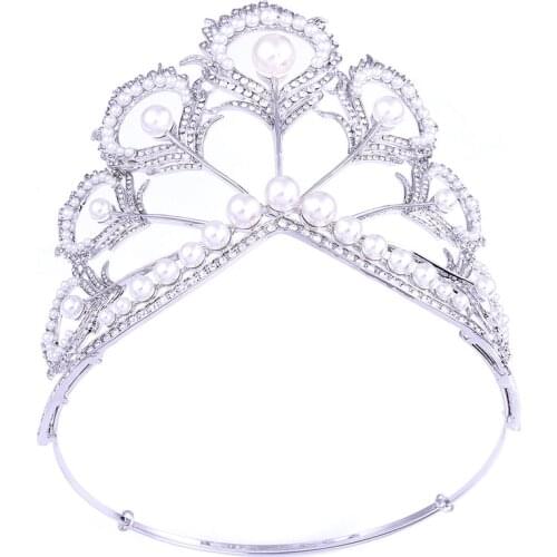 Women Big Round Shaped Tiara Crown Bridal Wedding Feather Shaped Beauty Hair Jewelry Girls Simulation Pearl Pageant Headpieces