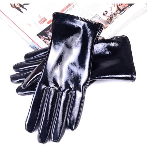 Womens Ladies Real Patent Leather Shiny Black Woolen Lining Winter Warm Touch Screen Short Gloves