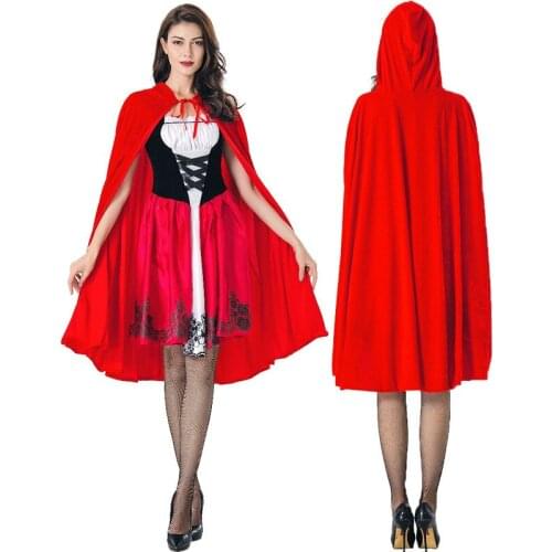 Womens Little Red Riding Hooded Costume Halloween Party Robe Lady Embroidery Dress Cosplay Fantasia Game Uniform