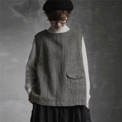 Johnature Japanese original thicken vests for women 2021 new winter wool back slits loose solid color female vests