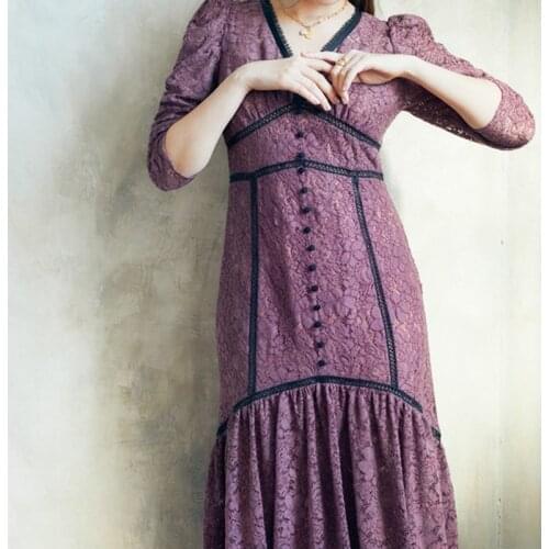 Elegant Lace Hook Flower Hollow Slim Woman Dress V-neck High Waist Trumpet Robe 2021 Spring Puff Sleeve Button Design Vestidos