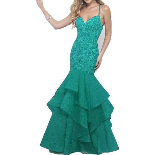 Women Long Lace Evening Dress with Beaded Bodice Sweetheart Tiered Prom Dresses Spaghetti Strap Criss Crop Back Party Dress