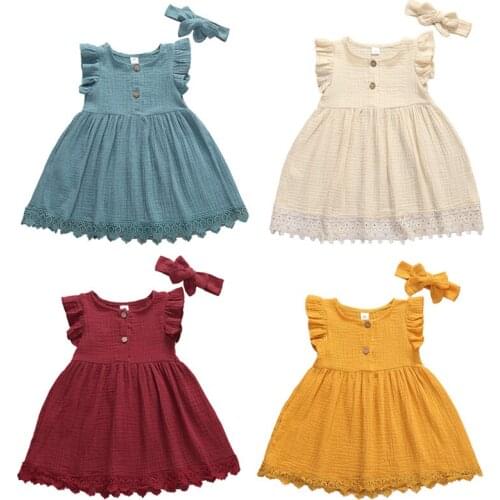 1-4Y Summer Kid Girls Dress Ruffles Sleeve Solid Bowknot Knee Length A-Line Dress+ Headband