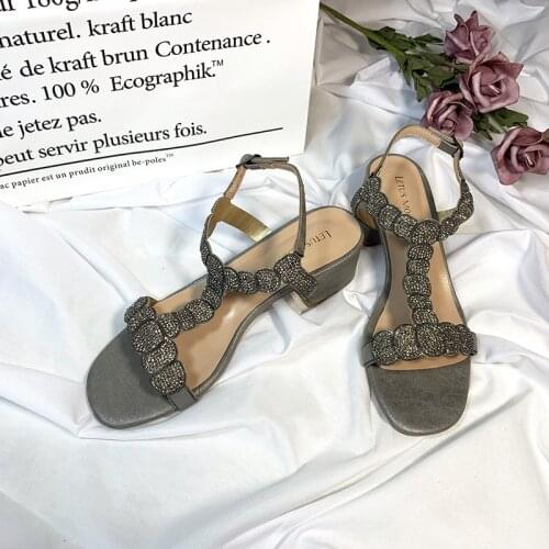 2020 NEW Square Open Toe Rhinestone Decoration Women Summer Square Medium Height Sandals