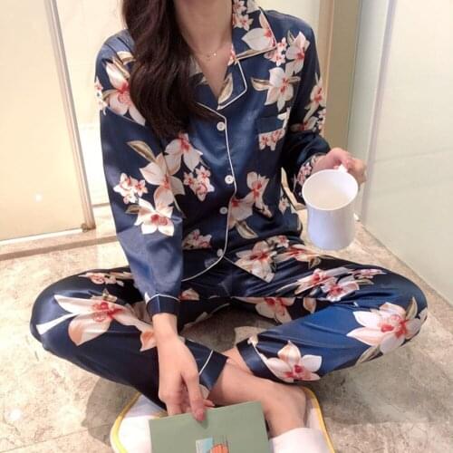 2021 Summer Women Pajamas Girls Students Long-sleeved Imitation Ice Silk Korean Comfortable Home Service 2 Pieces Sleepwear Suit
