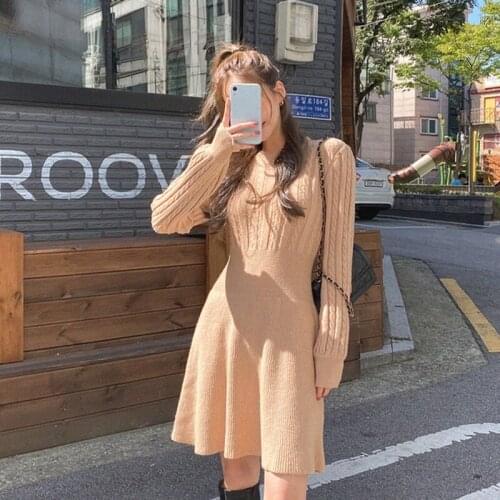 2020 New Hot Sale Women Autumn Winter Korean Slim A-line Sweater Dresses Female Long Sleeve Casual Party Knitted Vestidos