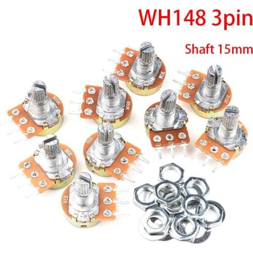 5PCS WH148 3pin Linear Potentiometer 15mm Shaft With Nuts And Washers B1K 2K B5K B10K B20K B50K B100K B250K B500K B1M