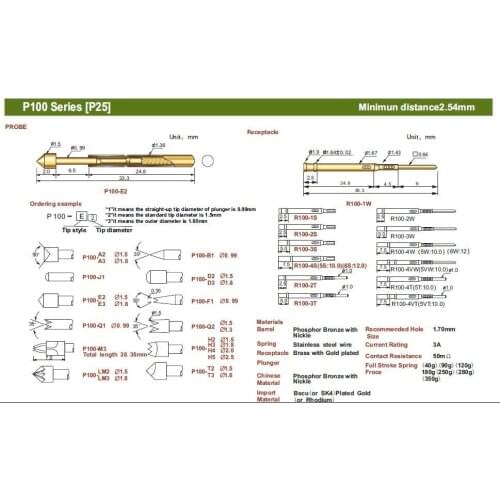 FREE SHIPPING 100PCS/LOT R100-3W 38.3MM TWO PART SPRING TEST PROBES RECEPTACLE