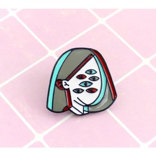 Punk Style Brooch Of Girl Head With Colourful Hair Shape Strange Pose 3 Pairs Of Eye Grey Blue And Red Hair Best Gift For Friend