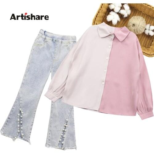Kids Clothes Patchwork Teenage Girls Clothing Blouse + Jeans Girls Sets Clothing Spring Autumn Tracksuits For Children