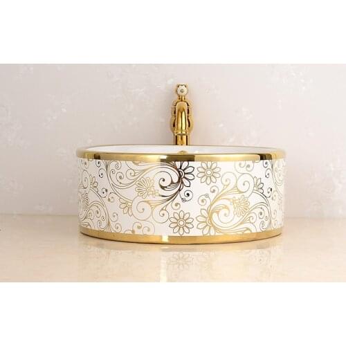 European style hotel bar toilet bathroom electroplating gold printing round above counter basin ceramic wash basin washbasin
