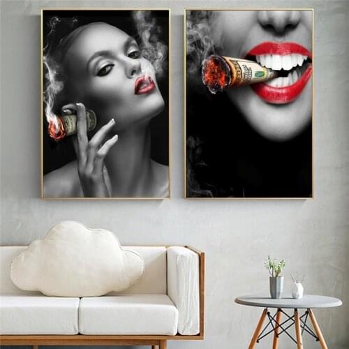Smoking Girl Prints Abstract Red Lips Canvas Paintings on The Wall Art Nordic Pictures Wall Decor Fashion Picture Decoration