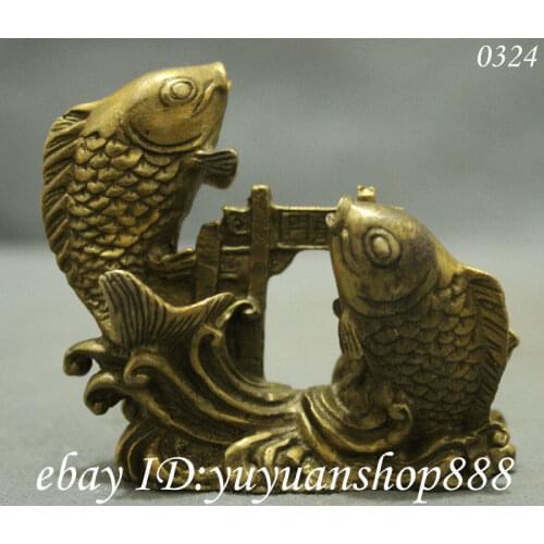 Chinese Folk Exquisite pure Brass Lucky Carp Fish Jump Dragon Door Art Statue