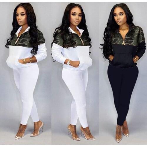 TWO PIECE SET Camouflage Print Patchwork Female Tracksuit Trousers Sweat Suit 2 Piece Women Pants Sweatsuit Casual Autumn Outfit