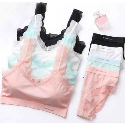 Sexy Underwear Suit Ring-free lace Edge Wrap Bra Top+Panties Set Beauty Strap Chest Pad Girl Sports Intimates Two Piece Set