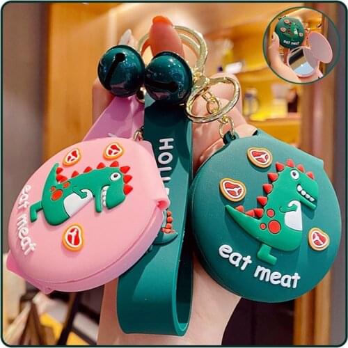 Creative Multifunction Dinosaur Mirror Keychain Keyring Cute PVC Women Bag Pendant Key Chain Girls Kids Backpack Keychains