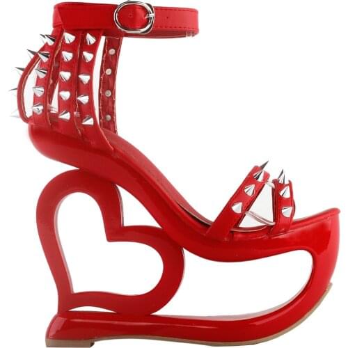 LF40204-2 Punk Black Spikes Strappy Heart Heel Wedge Evening Sandals Size 4/5/6/7/8/9/10