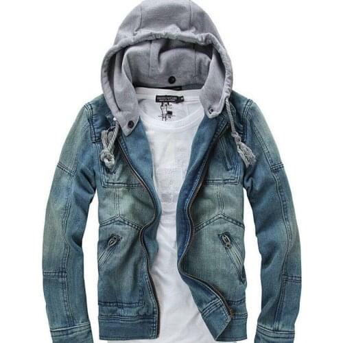 Men Retro Denim Hooded Zip Jean Jacket Hood Coat Cowboy Large Size M-5Xl Boys Jeans New 2021
