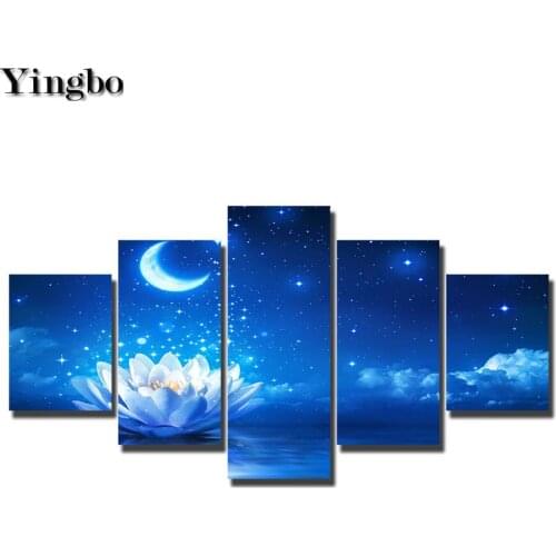 5 pcs set 5D Diy Square Diamond Painting cross-stitch Kits White Lotus Blue Moonlight Mosaic Painting Rhinestones Embroidery