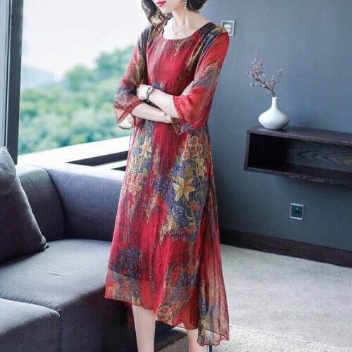 2020 new Summer Dress Elegant mother Middle-aged was thin Dresses Women Summer retro Loose Large Size Chiffon Printed Dress b47