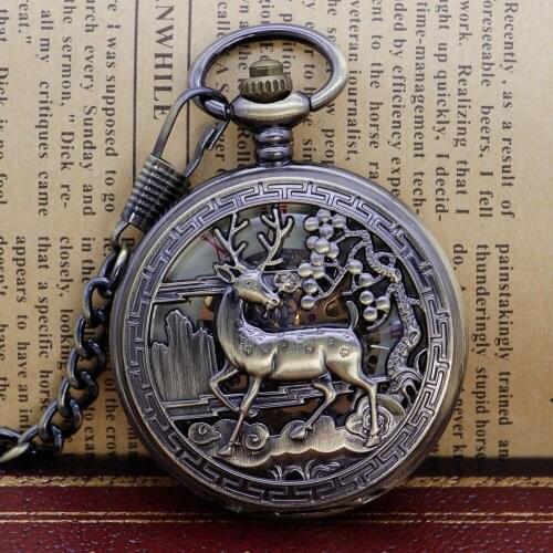 New Antique Bronze Unisex Pocket Watch Animal Deer Mechanical Pocket Watch Pendant Fob Chain for Men Women PJX1308