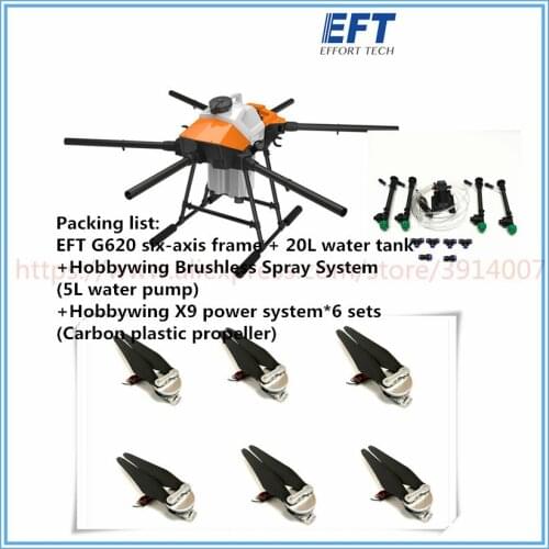 EFT new G620 six-axis 20L 20kg agricultural spray drone frame kit 5L 8L brushless water pump with Hobb ywing X9 power system