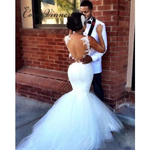 Illusion Back Sexy African Mermaid Wedding Dresses Appliques Lace Vintage Wedding Gown Plus Size Wedding Dress W0418