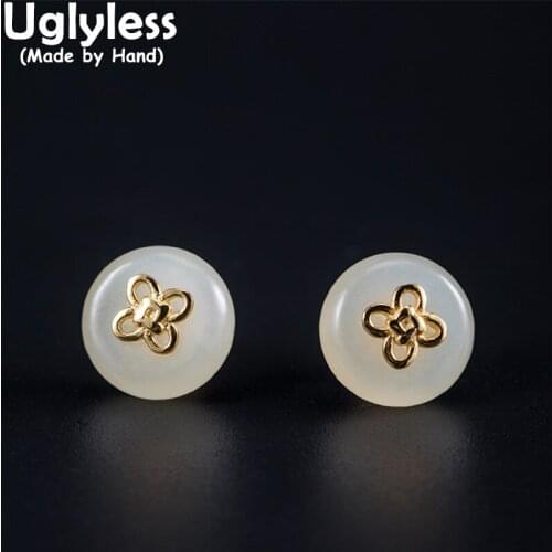 Uglyless China Chic Peace Buttons Natural Jade Studs Earrings for Women 925 Silver Flowers Brincos Gold Floral Jewelry Gemstones