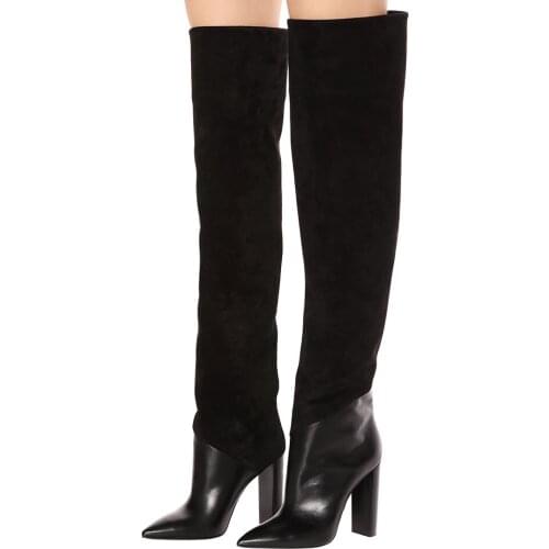 Block Heel Patchwork Women Long Boots Sexy Pointed Toe Over The Knee Leather Suede Mixed Fashion Women Winter Boots