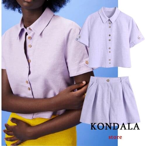 KONDALA Za Streetwear Women Sets Summer 2021 2 Pieces Holiday Oversized Button Short Sleeve Tshirts and High Waist Loose Shorts