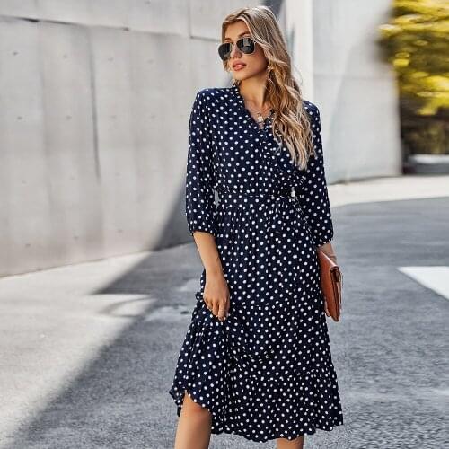 3/4 Sleeve Ruffles Bohemian Dress Women Classic Polka Dots Print Dress Spring Summer Yellow Party Dresses Lace Up Vestidos Mujer