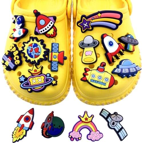 100PCS Wholesale Mix Cartoon Space Series PVC Hole Slipper Accessories Astronaut Shoe Charms Kids X-Mas Gifts UFO Croc