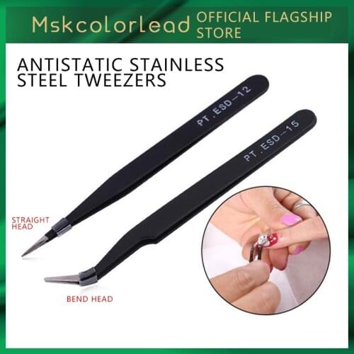 2Pcs Anti-static ESD Stainless Steel Tweezers Maintenance Tools Industrial Precision Curved Straight Tweezers Repair Nail Tools