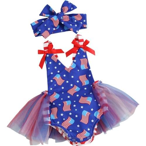 Toddler Baby Girls 2Pcs Lovely Jumpsuits Dress Independence Day Outfit Star Flag Print V-Neck Sleeveless Romper Skirt + Hairband