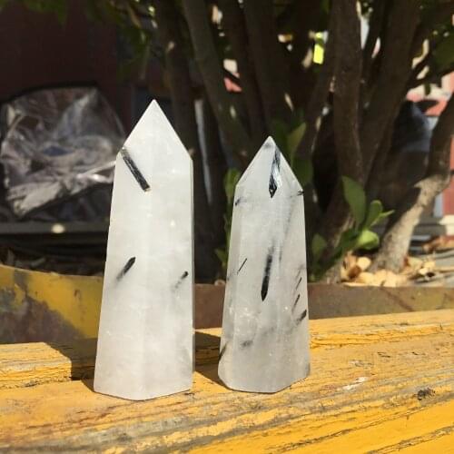 2pcs Natural Black tourmaline Rutilated quartz crystal point