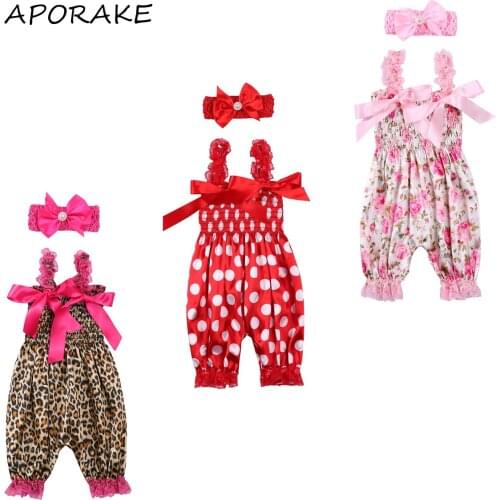 2021 0-24M Infant Baby Girl Jumpsuit Bloomers 2pcs Leopard/Floral/Dot Print Sleeveless Pleated Romper+Headband Summer Outfits